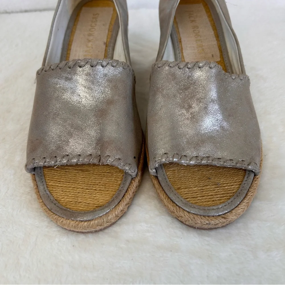 Jack Rogers Women's Sandals Size 9.5M Silver Metallic Leather Espadrille Wedge